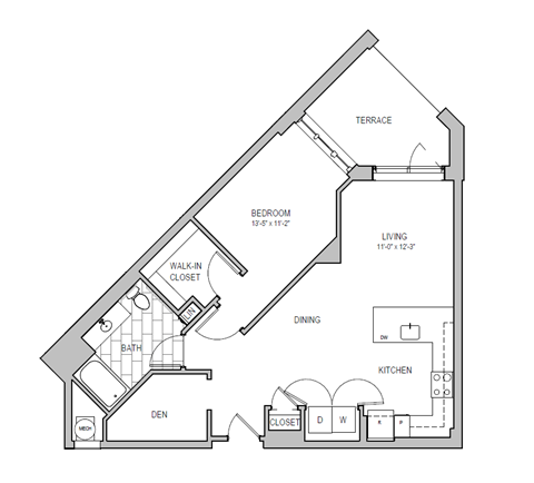 Floor plan for 1 bed, 1 bath, 918 sqft