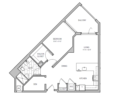 Floor plan for 1 bed, 1 bath, 918 sqft