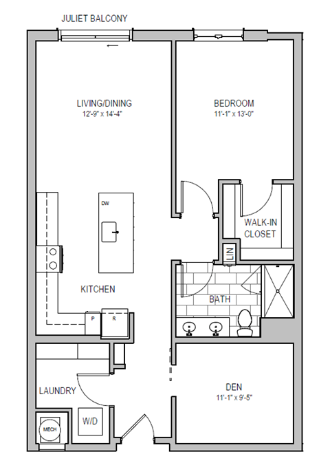 Floor plan for 1 bed, 1 bath, 964 sqft