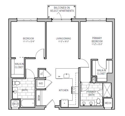 Floor plan for 2 beds, 2 baths, 1111 sqft