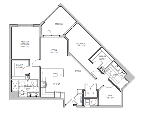 Floor plan for 2 beds, 2 baths, 1407 sqft