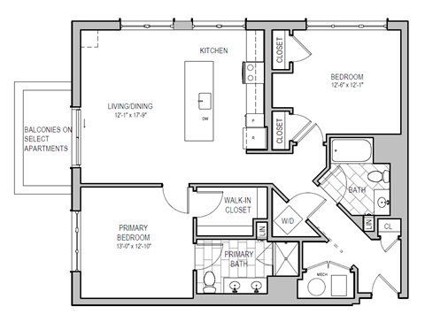 Floor plan for 2 beds, 2 baths, 1217 sqft