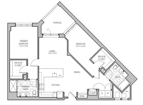Floor plan for 2 beds, 2 baths, 1309 sqft