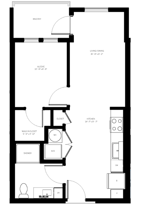 Floor plan for 1 bed, 1 bath, 566 sqft