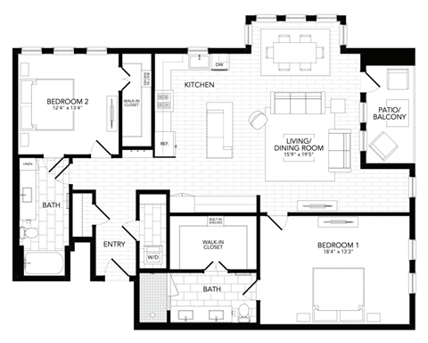 Floor plan for 2 beds, 2 baths, 1390 sqft
