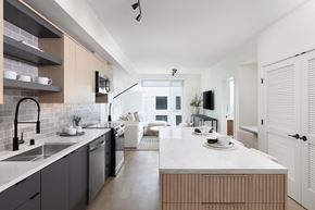 Santa Clara apartment for rent - a kitchen and living room with a white counter top and a sink at AVE Santa Clara, California