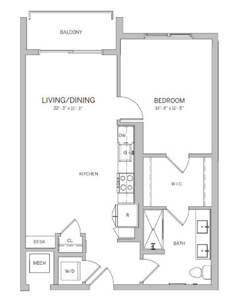 Floor plan for 1 bed, 1 bath, 747 sqft