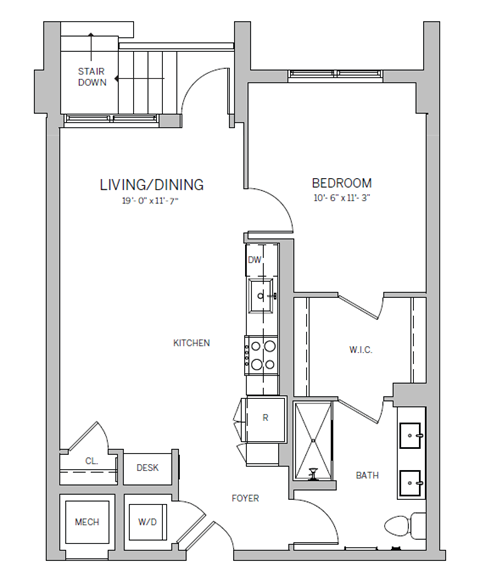 Floor plan for 1 bed, 1 bath, 711 sqft
