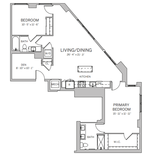 Floor plan for 2 beds, 2 baths, 1305 sqft