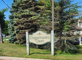 Midland townhouse for rent - A green sign that says Chippewassee Court stands in front of a tree.