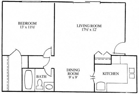 Floor plan for 1 bed, 1 bath, 626 sqft