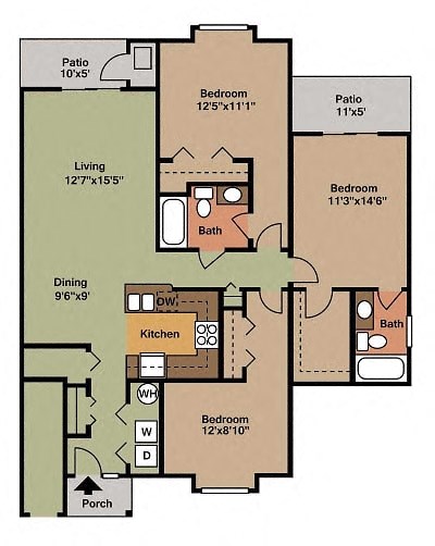 Floor plan for 3 beds, 2 baths, 1350 sqft