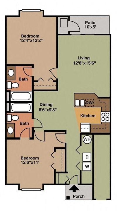 Floor plan for 2 beds, 2 baths, 1000 sqft
