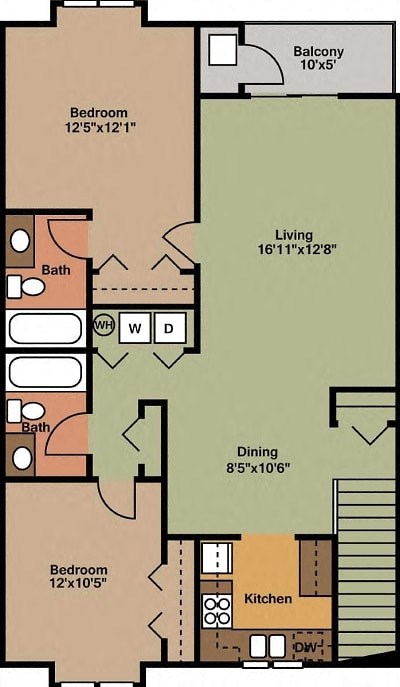 Floor plan for 2 beds, 2 baths, 1000 sqft