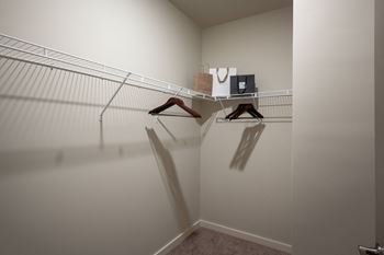 A walk in closet in a room with a mirrored wall and a shelf with shoes