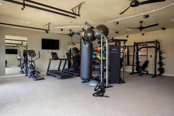 A gym with weights and other exercise equipment in a home