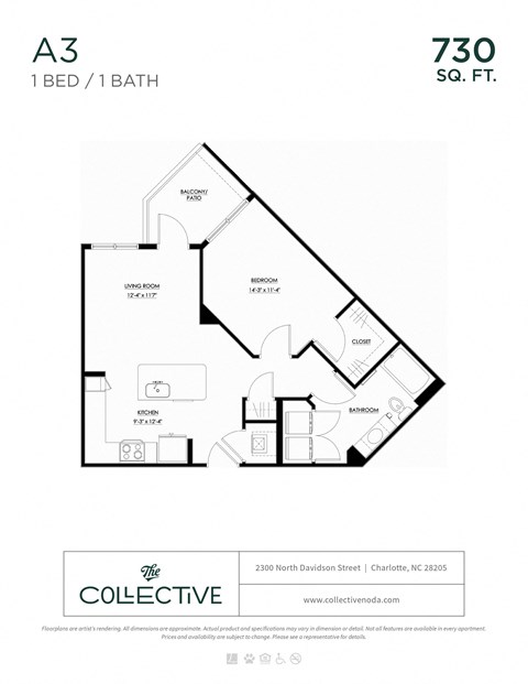 Floor plan for 1 bed, 1 bath, 730 sqft