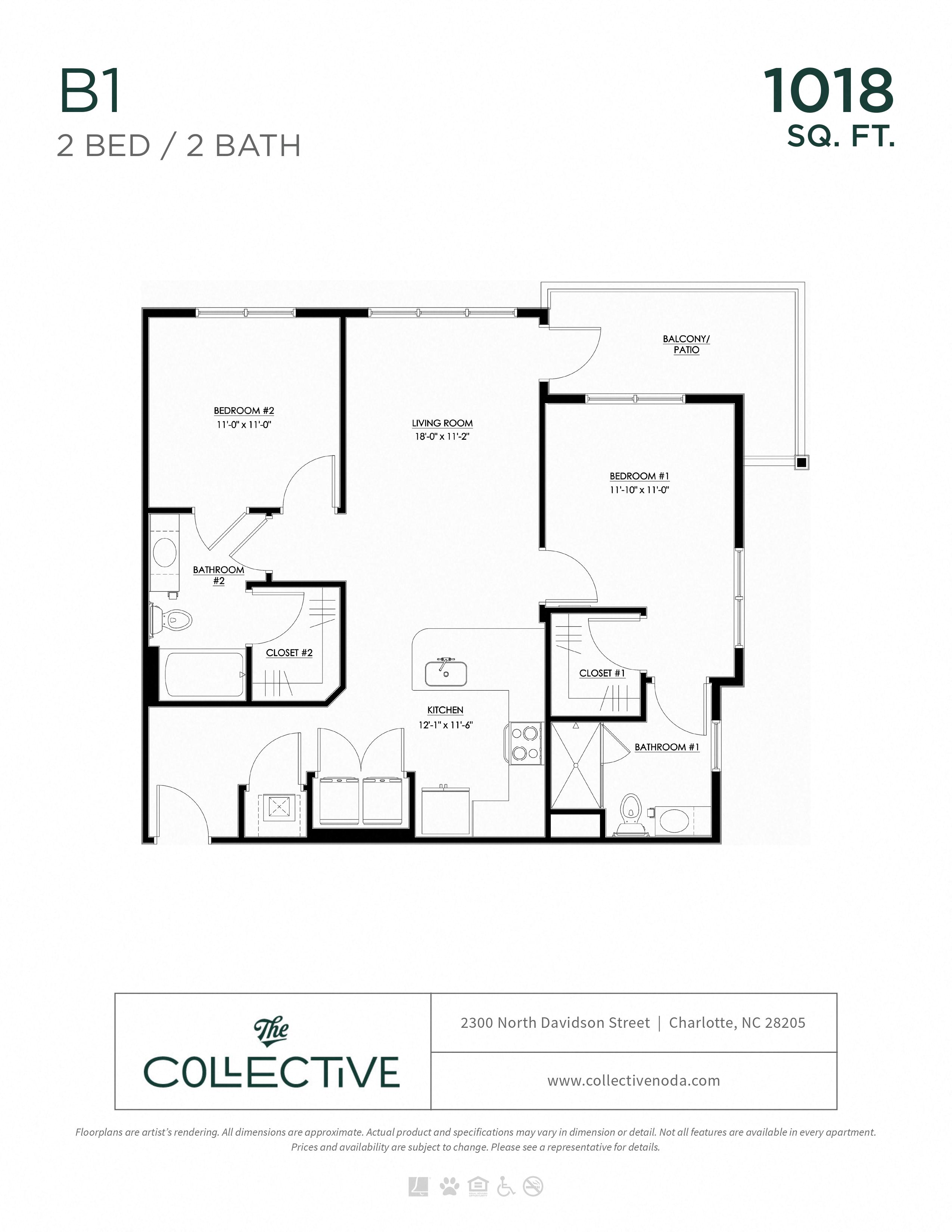 Floor plan for 2 beds, 2 baths, 1018 sqft