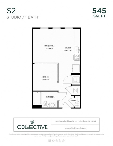 Floor plan for studio, 1 bath, 545 sqft