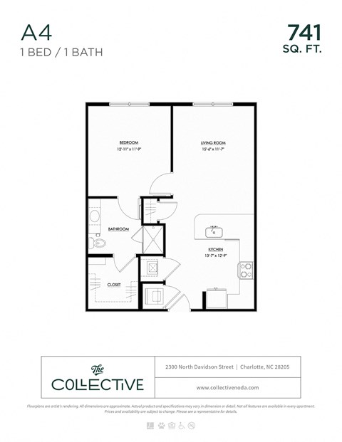 Floor plan for 1 bed, 1 bath, 741 sqft