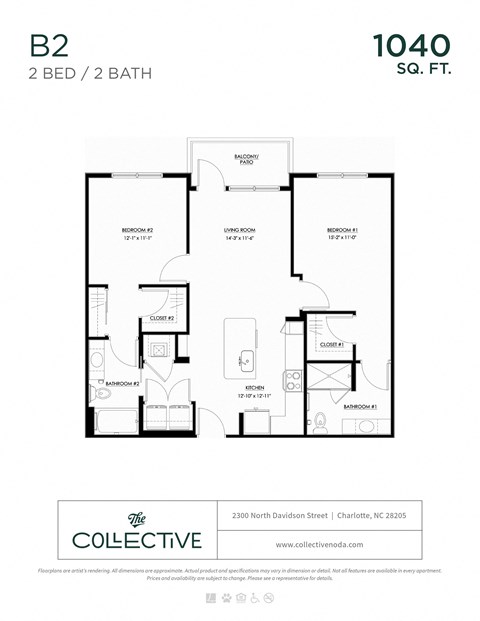 Floor plan for 2 beds, 2 baths, 1040 sqft
