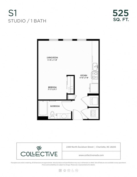 Floor plan for studio, 1 bath, 525 sqft