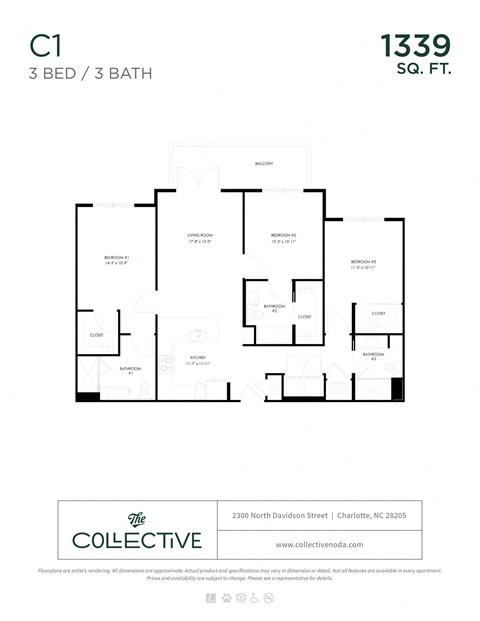 Floor plan for 3 beds, 3 baths, 1339 sqft