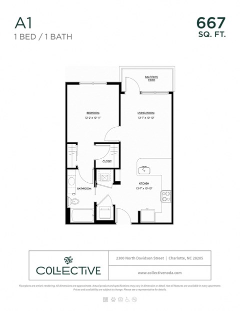 Floor plan for 1 bed, 1 bath, 667 sqft