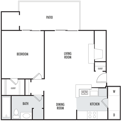 Floor plan for 1 bed, 1 bath, 690 sqft