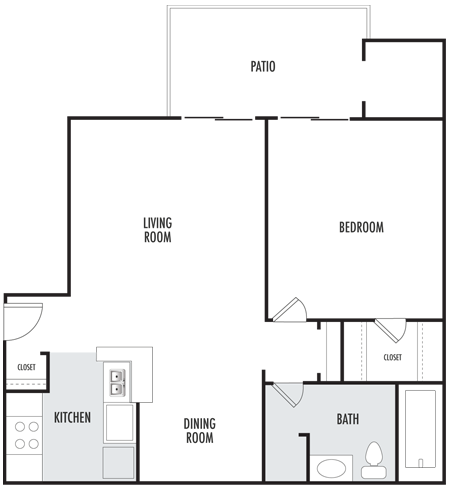 Floor plan for 1 bed, 1 bath, 610 sqft