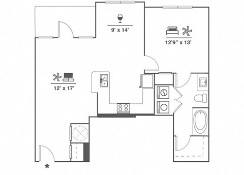Floor plan for 1 bed, 1 bath, 836 sqft