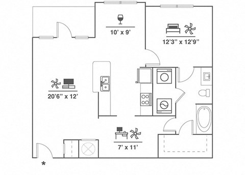 Floor plan for 1 bed, 1 bath, 984 sqft