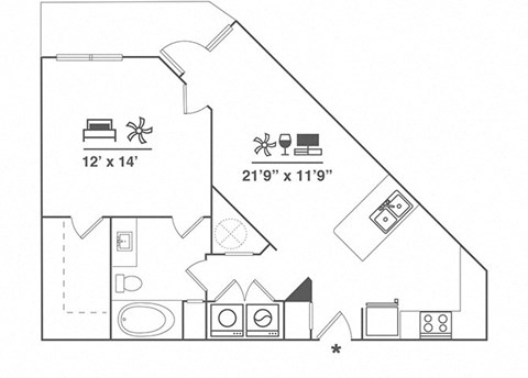 Floor plan for 1 bed, 1 bath, 768 sqft