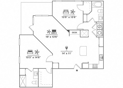 Floor plan for 2 beds, 2 baths, 1279 sqft