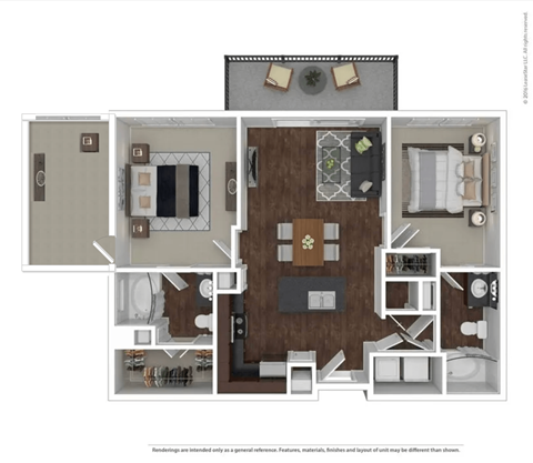 Floor plan for 2 beds, 2 baths, 1045 sqft