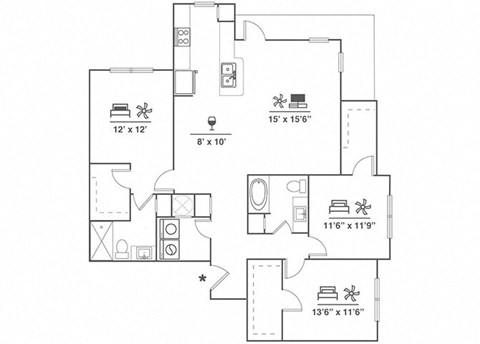 Floor plan for 3 beds, 2 baths, 1469 sqft