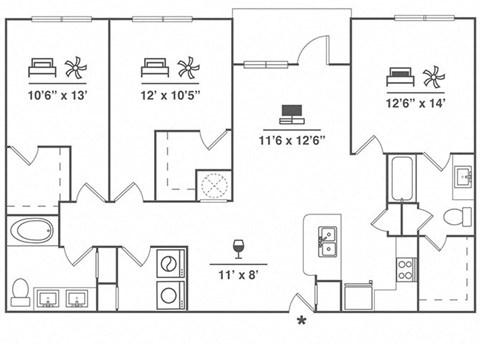 Floor plan for 3 beds, 2 baths, 1409 sqft
