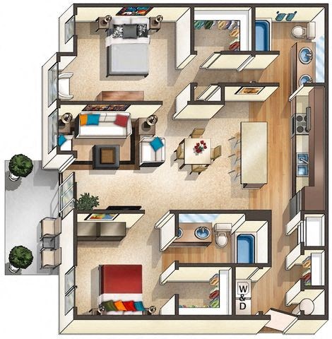 Floor plan for 2 beds, 2 baths, 1134 sqft