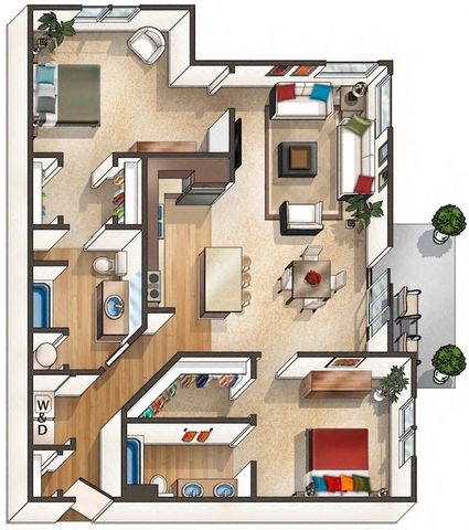 Floor plan for 2 beds, 2 baths, 1142 sqft
