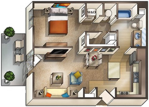 Floor plan for 1 bed, 1 bath, 767 sqft
