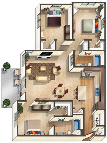 Floor plan for 3 beds, 2 baths, 1371 sqft