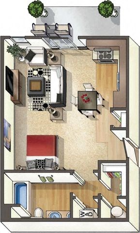 Floor plan for studio, 1 bath, 635 sqft