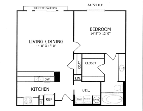 Floor plan for 1 bed, 1 bath, 779 sqft