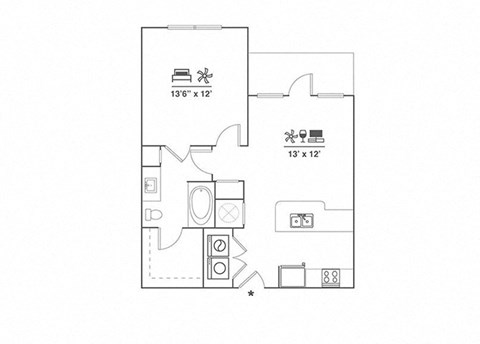 Floor plan for 1 bed, 1 bath, 661 sqft
