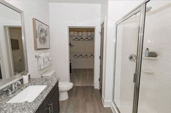 A bathroom with a walk in shower and a toilet