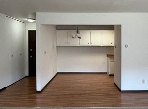 Milwaukee apartment for rent - A room with white walls and wooden floors has a black door on the left and a white cabinet on the right.