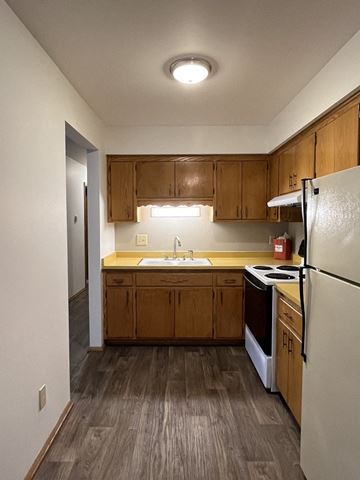 Hales Corners apartment for rent - a kitchen with wooden cabinets and a refrigerator and a sink