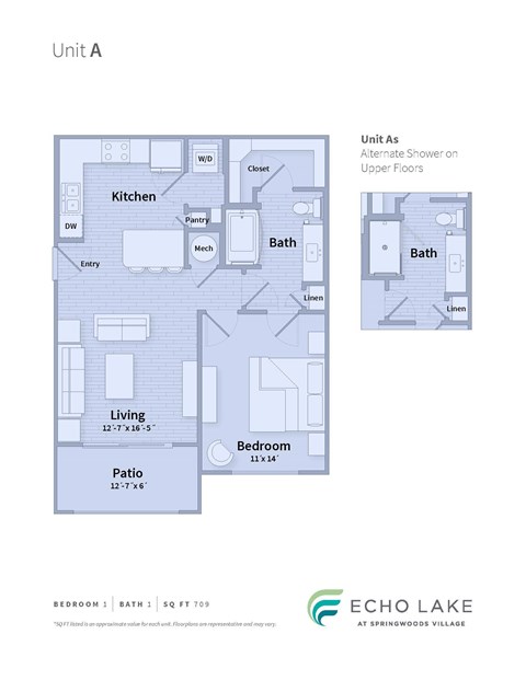 Floor plan for 1 bed, 1 bath, 709 sqft