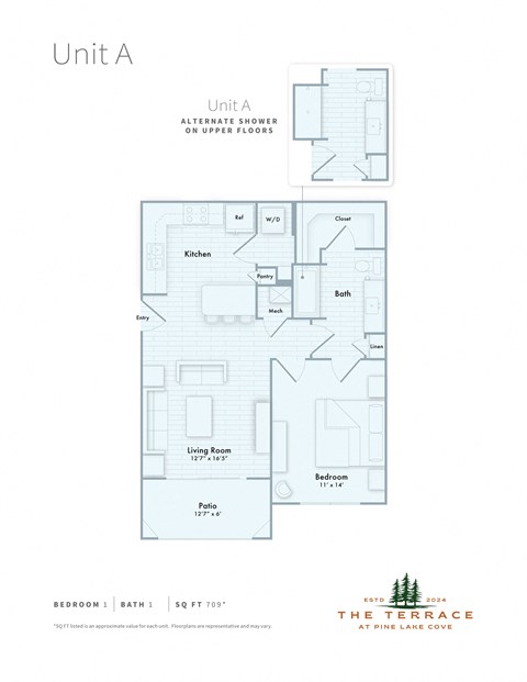 Floor plan for 1 bed, 1 bath, 709 sqft