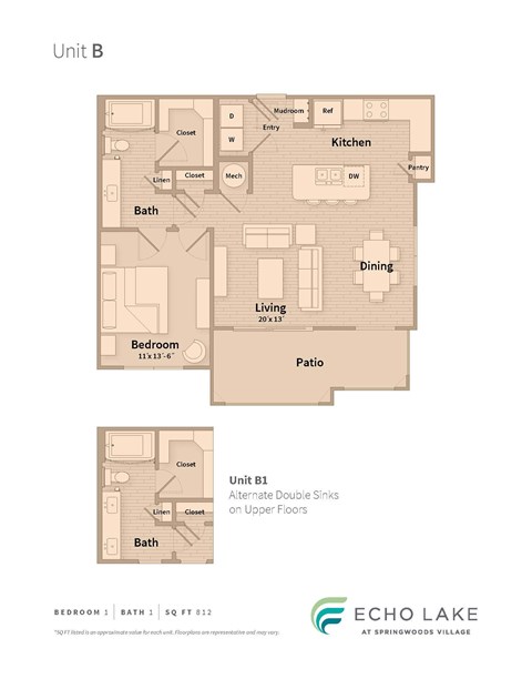 Floor plan for 1 bed, 1 bath, 812 sqft